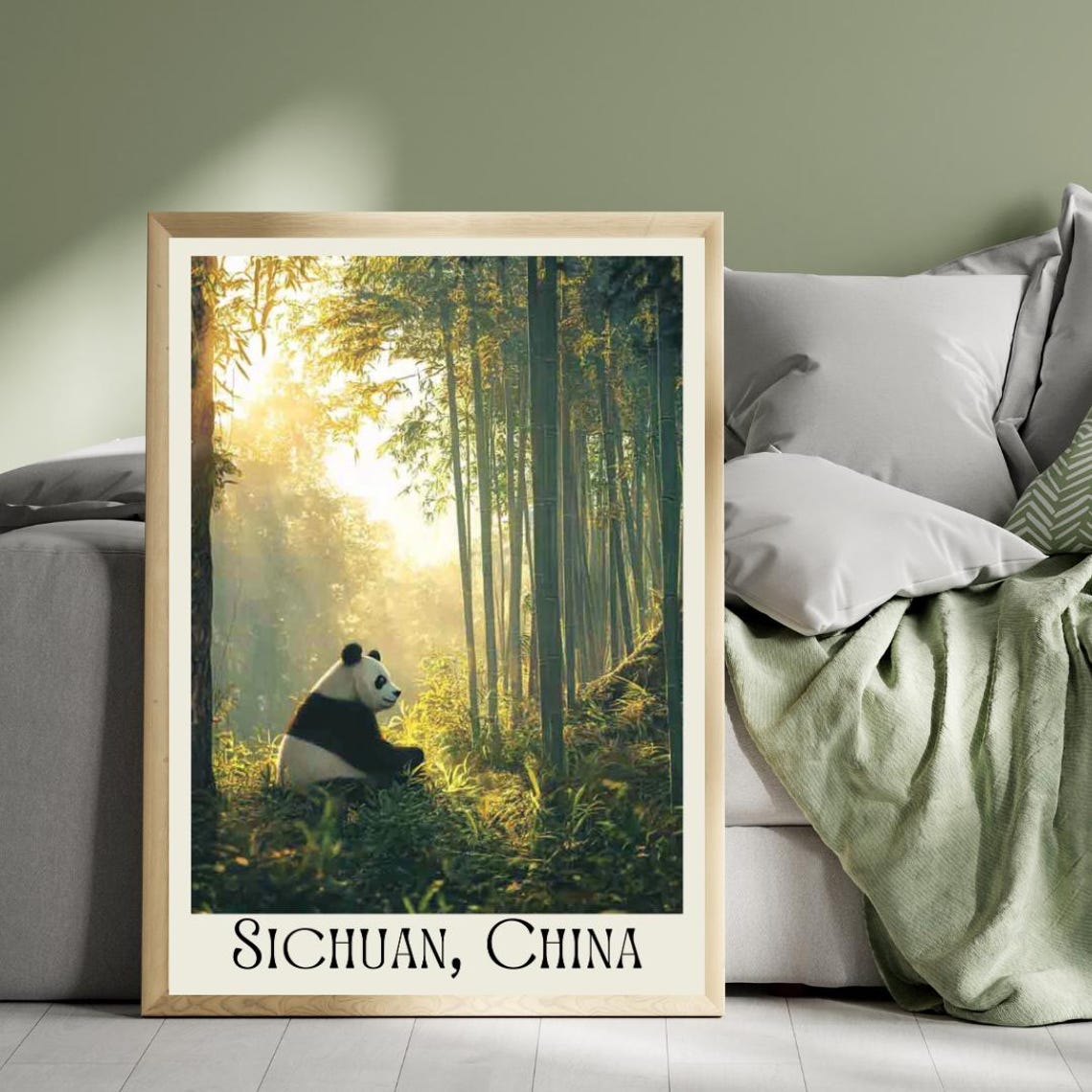 Sichuan China Travel Poster with Giant Panda in a Sunlit Bamboo Forest