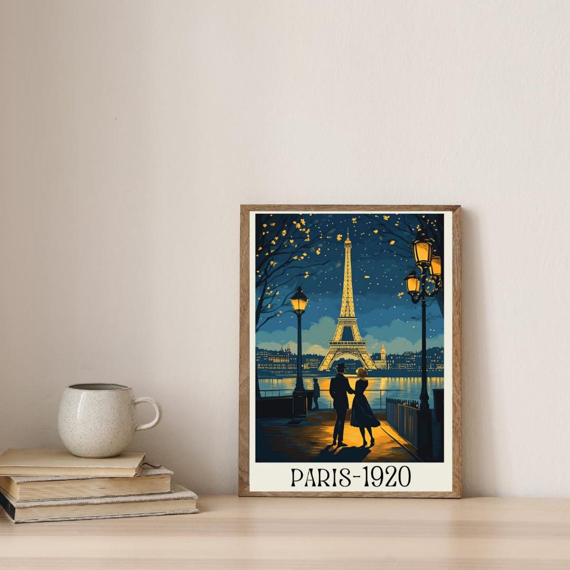 Paris 1920 Retro Poster with Night Eiffel Tower and Strolling Couple - Image 4