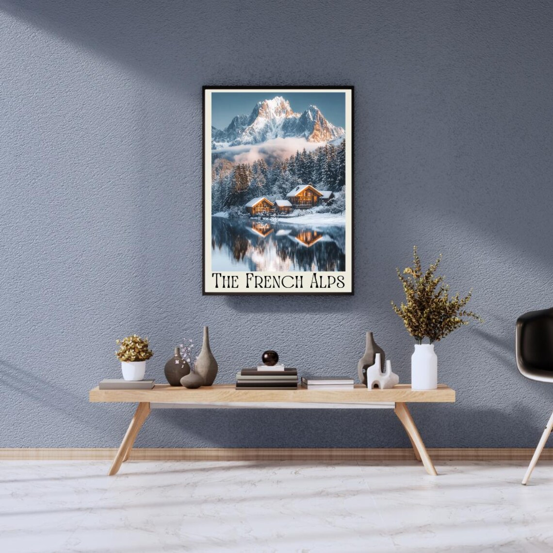 The French Alps Poster with Snow Cabins Reflected in a Mirror Lake - Image 5
