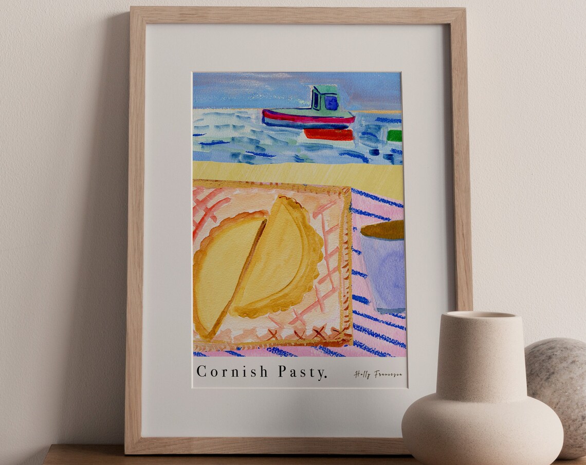 Cornish Pasty Harbour Scene Art Print Watercolour Pastel Poster Kitchen Cornwall Traditional Lunch British Snack Food