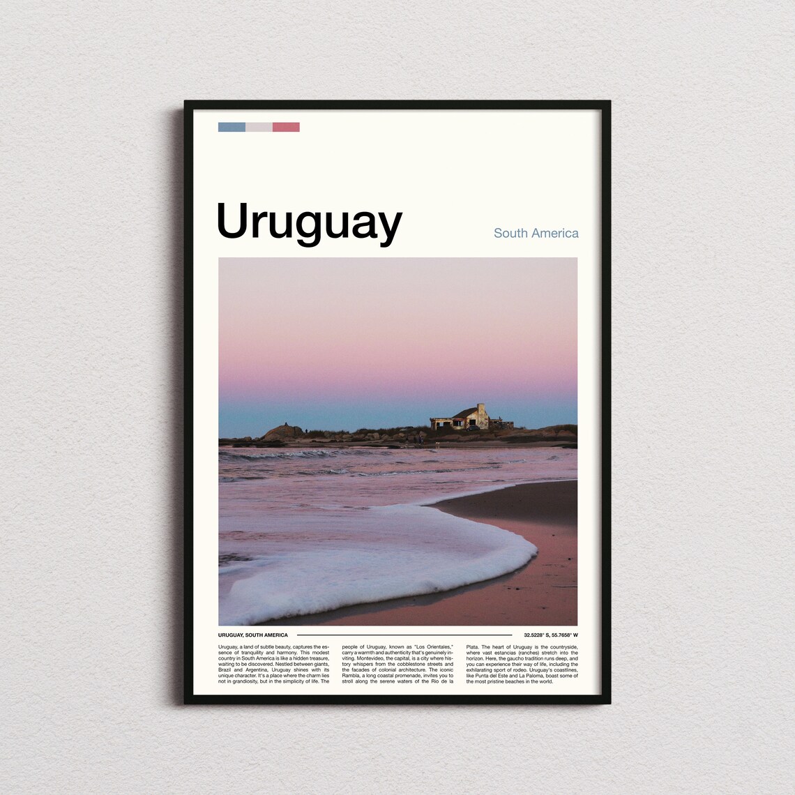 Uruguay Beach Sunset Pink Sky Stone Cottage Minimal Travel Poster