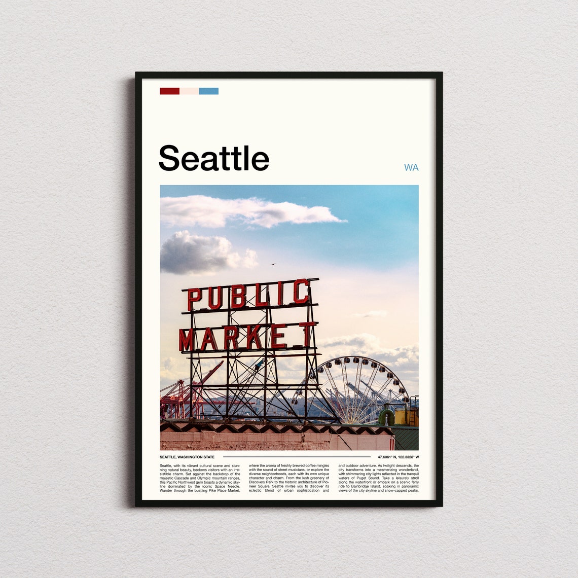 Seattle Public Market Sign With Ferris Wheel Waterfront View Poster