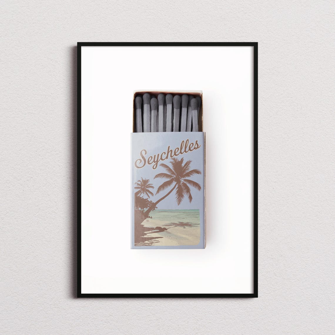Seychelles Beach Matchbox Style Art with Palm Tree Silhouette Poster