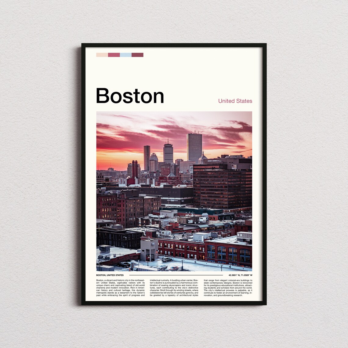 Boston Massachusetts City Skyline Sunset Pink Clouds Photo Poster