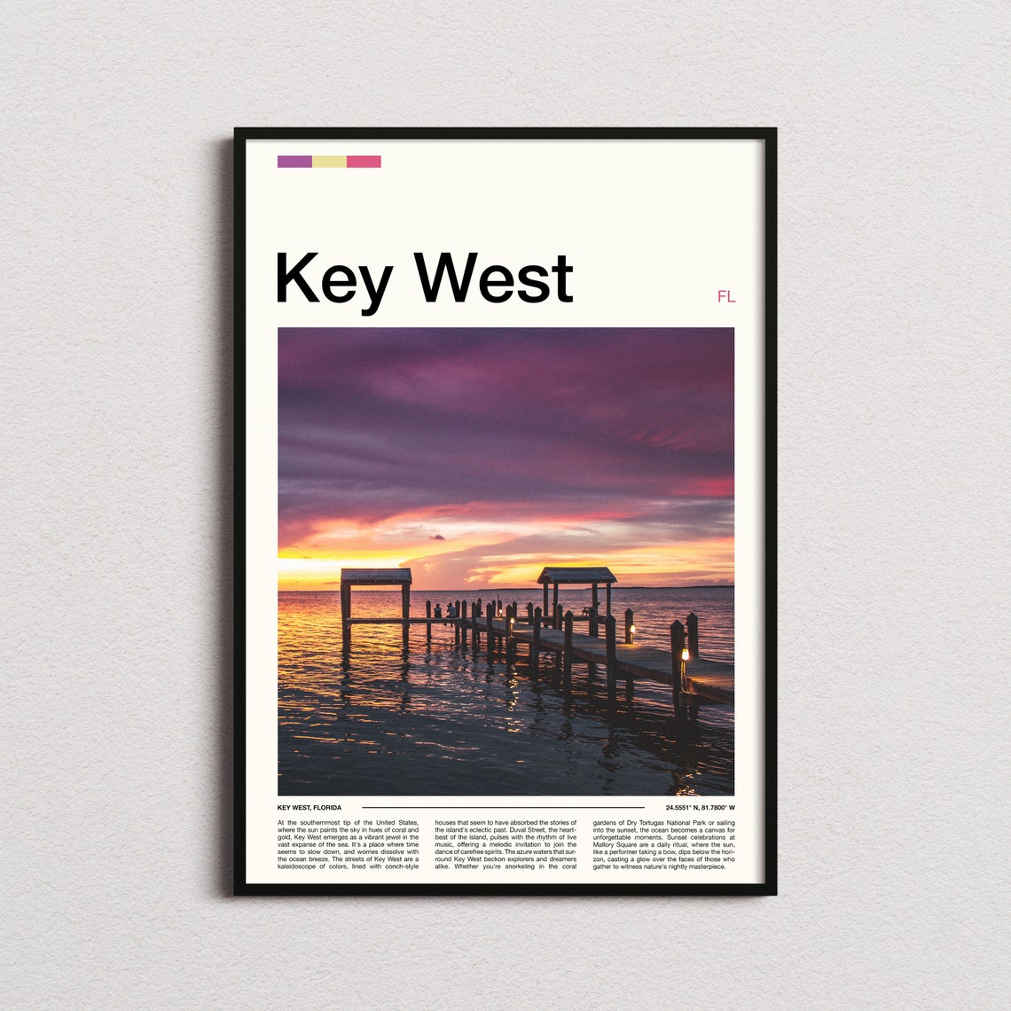 Key West Florida Tropical Pier Sunset Over Ocean Waves Poster