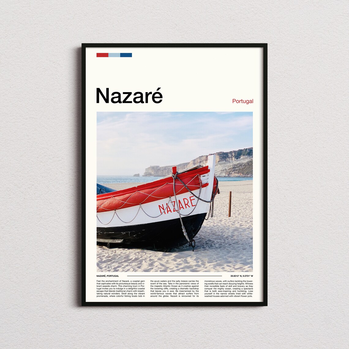 Nazare Portugal Red and White Fishing Boat Beach Nautical Poster