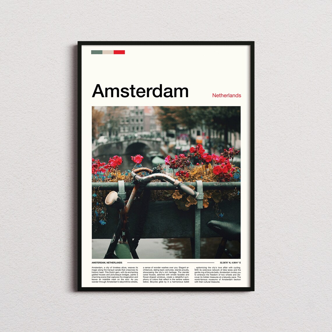 Amsterdam Netherlands Bicycle Canal Bridge Flowers Photography Poster
