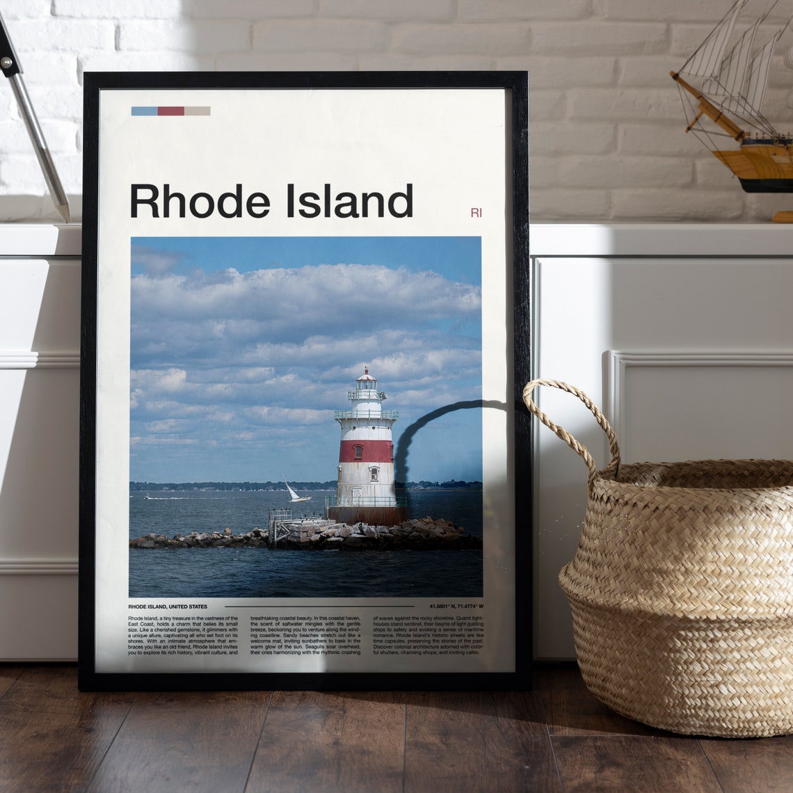 Rhode Island Red and White Lighthouse Harbor Blue Sky Coastal Poster - Image 5