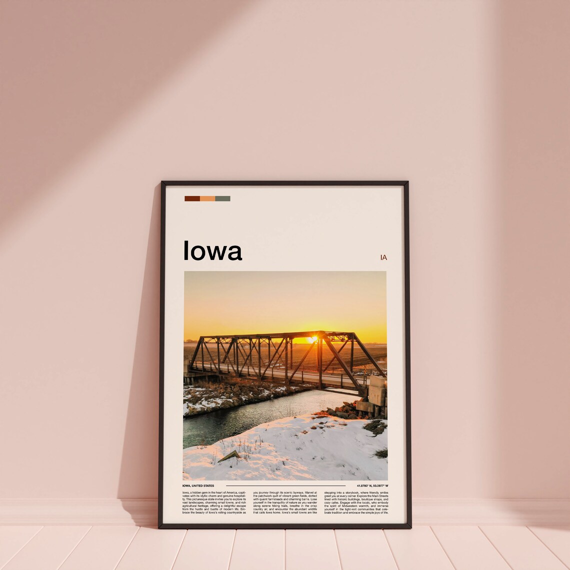 Iowa Rustic Steel Truss Bridge Sunset Snowy River Landscape Poster - Image 4
