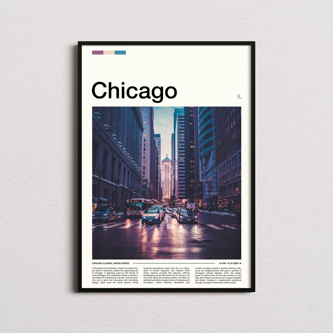 Chicago Illinois Downtown Street Canyon City Lights Travel Poster