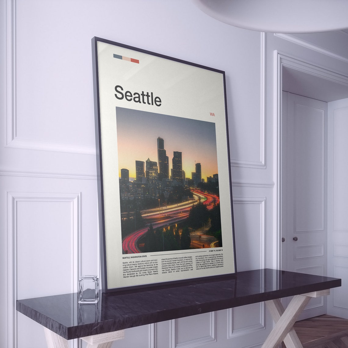 Seattle Washington Sunset Skyline With Freeway Light Trails Poster - Image 2