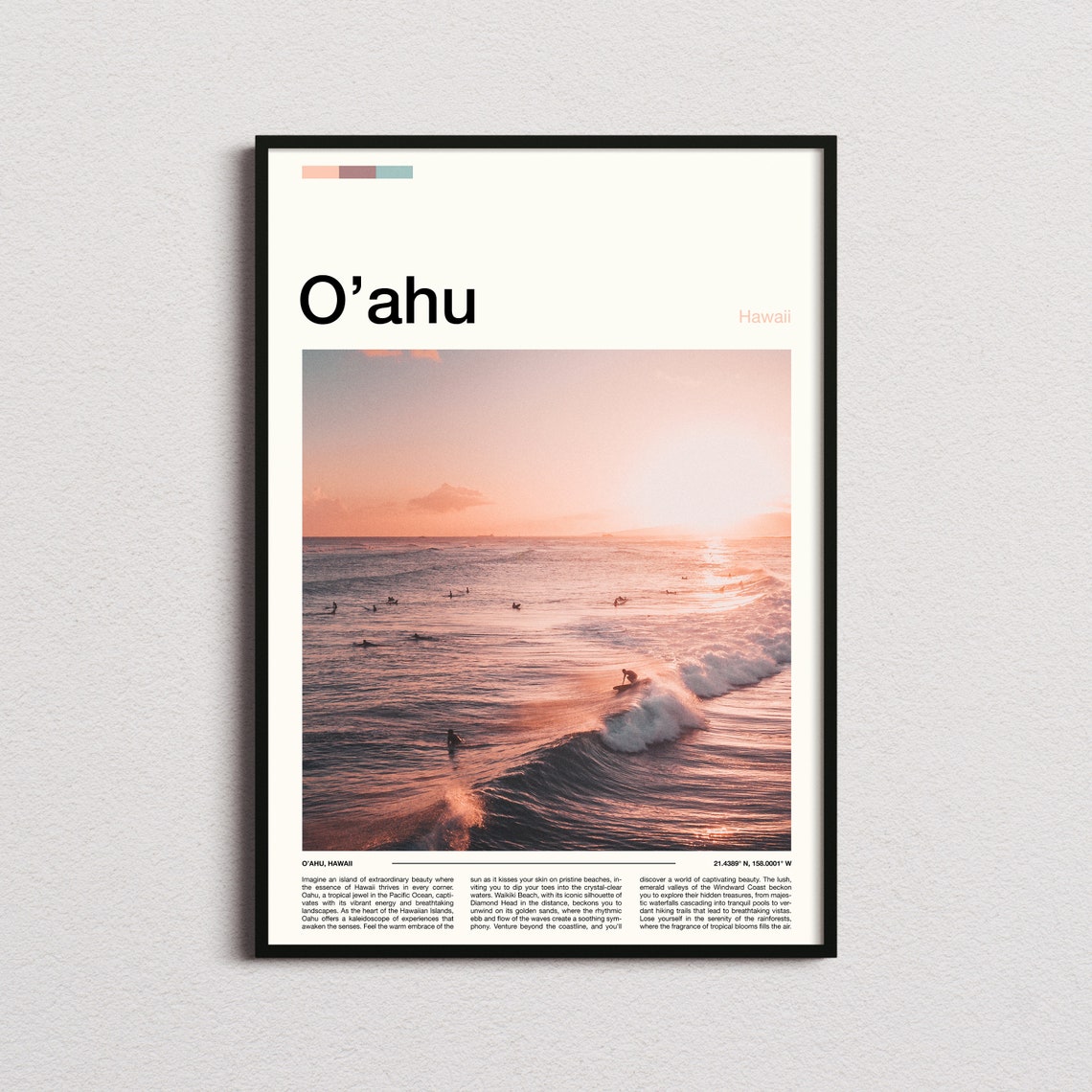 Oahu Hawaii Golden Sunset Surfers Waves Ocean Scenery Poster