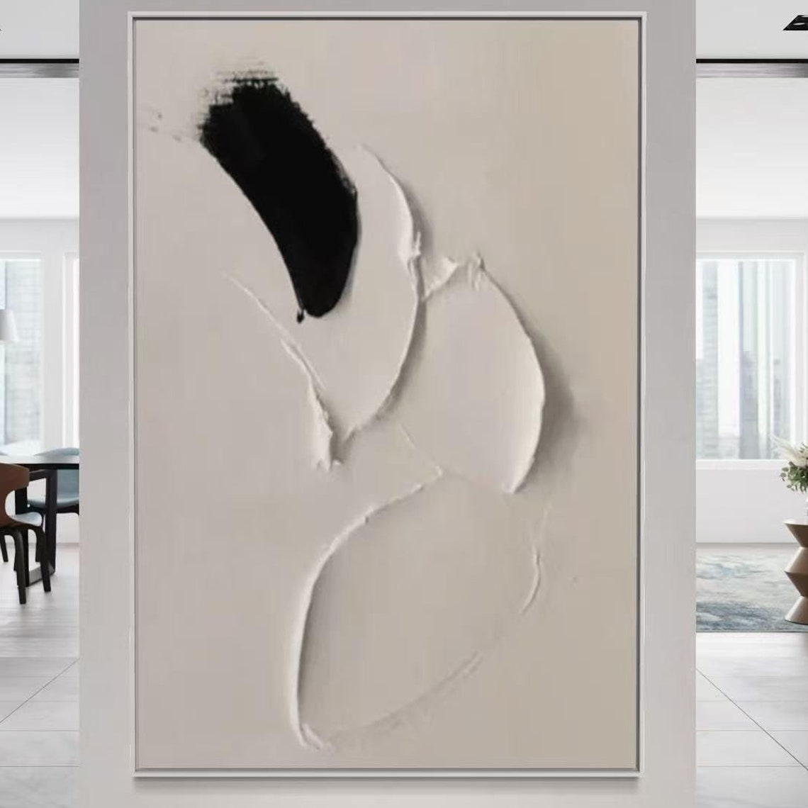 Bold Black Curved Stroke on Sculptural White Minimalist Art Poster