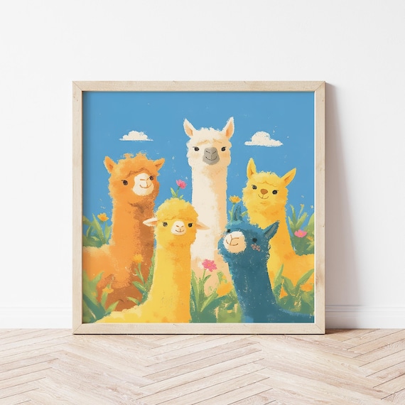 Five Colorful Alpacas In Flower Meadow Cute Nursery Animal Wall Art