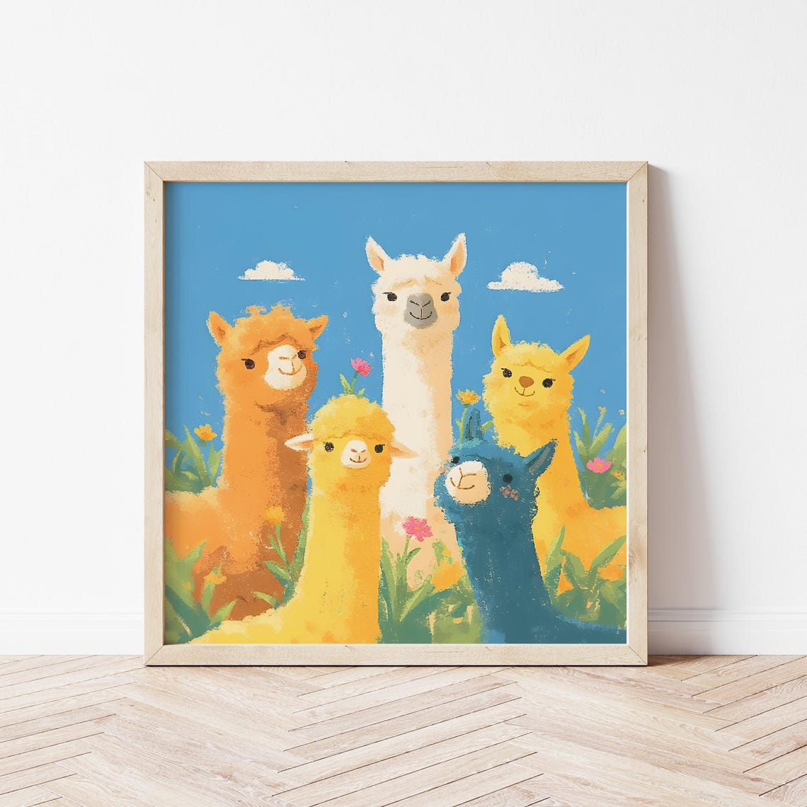 Five Colorful Alpacas In Flower Meadow Cute Nursery Animal Wall Art
