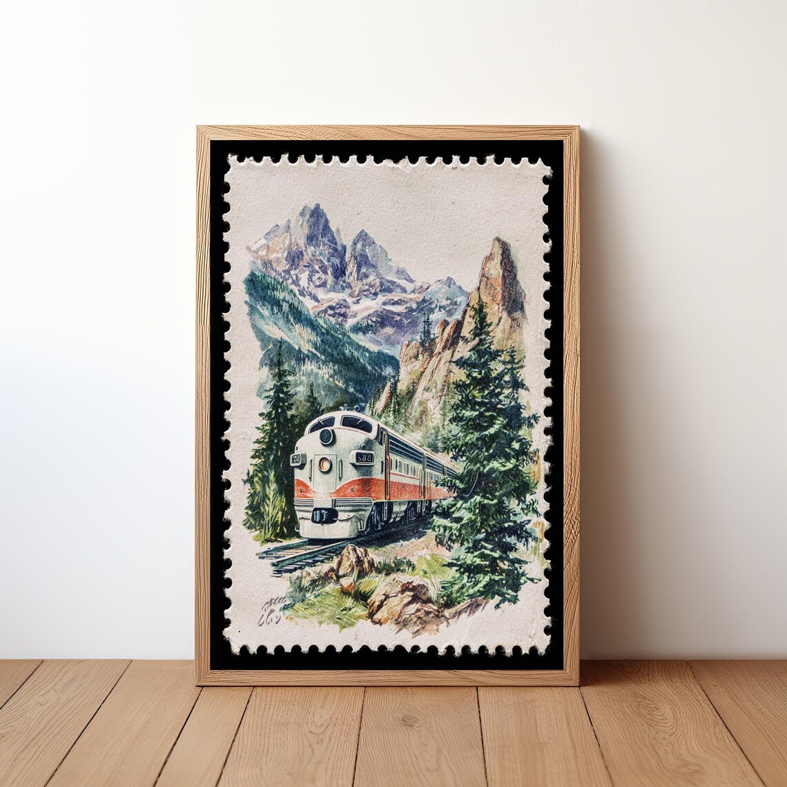 Vintage Train Stamp White Orange Locomotive Snowy Peak Retro Poster