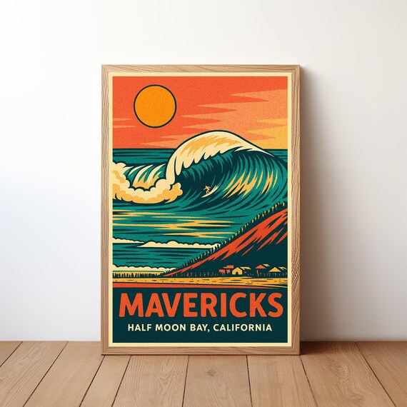 Mavericks Half Moon Bay California Big Wave Retro Surf Poster
