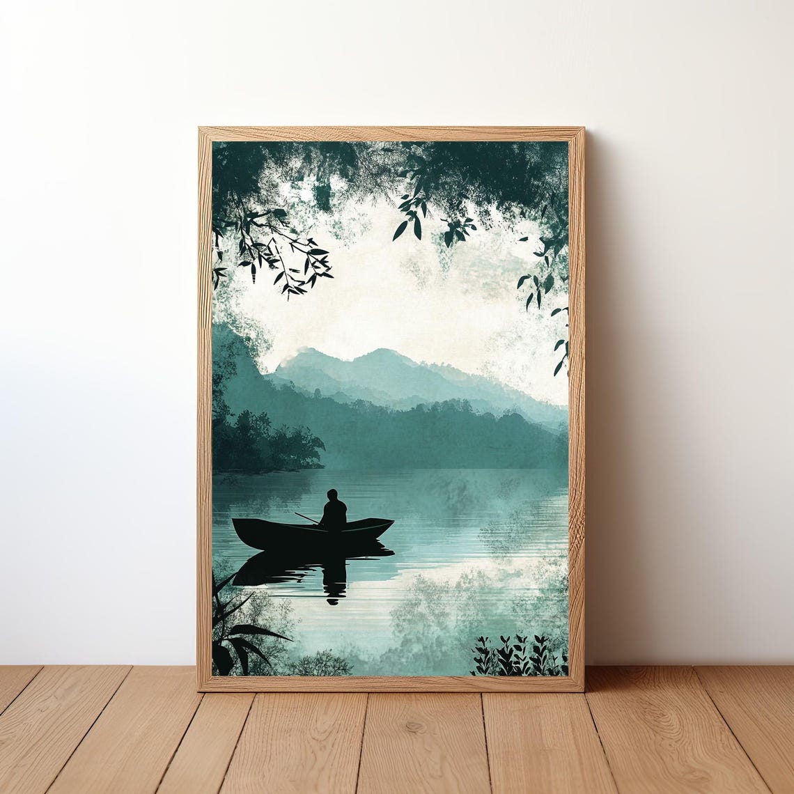 Misty Teal Lake Canoe Silhouette Serene Watercolor Style Poster