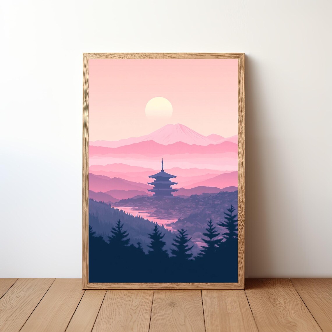 Japan Pink Sunset Pagoda Mountain Temple Silhouette Art Poster