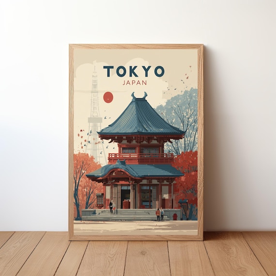 Vintage Tokyo Japan Travel Poster With Red Pagoda Temple And Red Sun