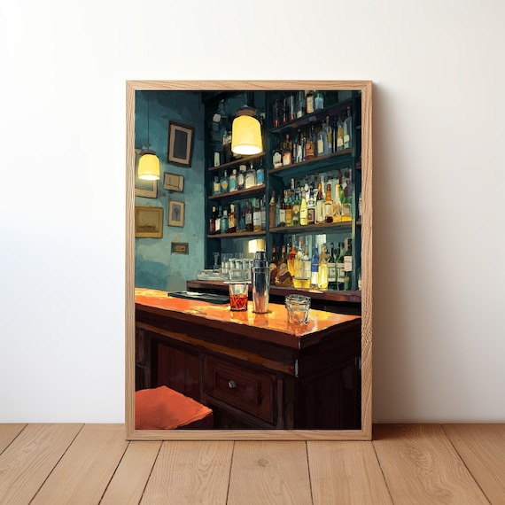 Blue Wall Cocktail Bar Corner Pendant Lights Painterly Poster