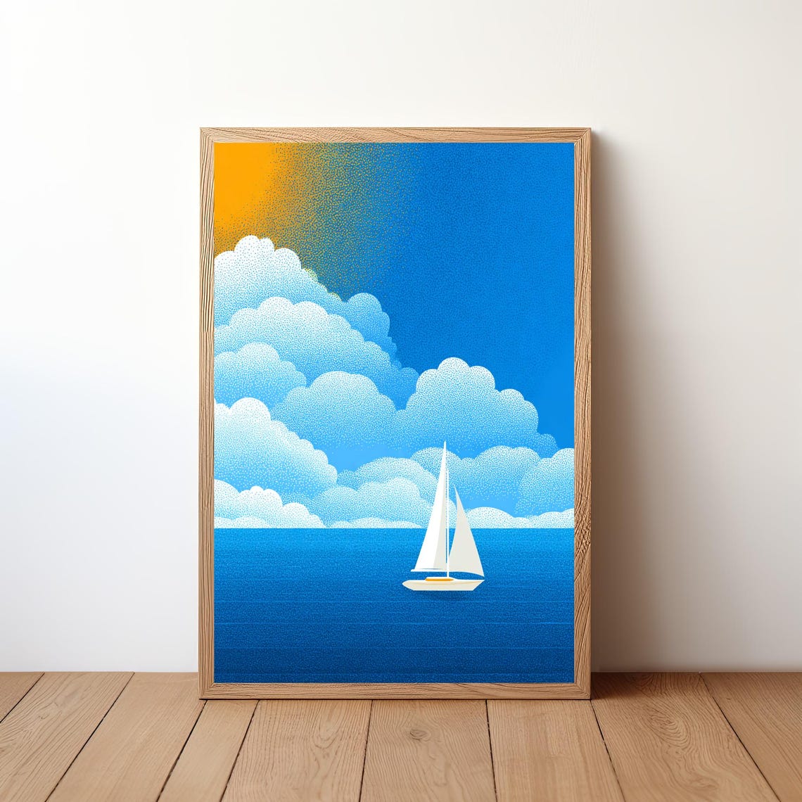Sailboat Under Puffy White Clouds Bright Blue Sky Nautical Print