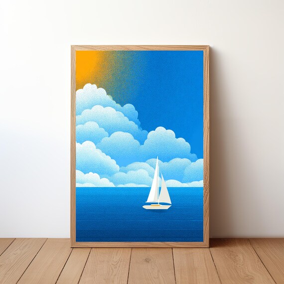 Sailboat Under Puffy White Clouds Bright Blue Sky Nautical Print