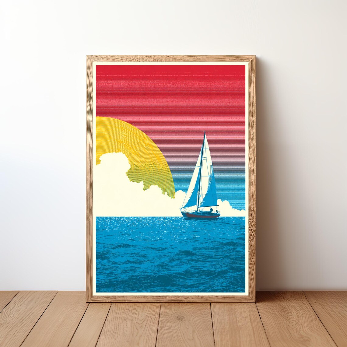 Sailboat Striped Sun Retro Screen Style Gold Red Sky Blue Sea Art Poster