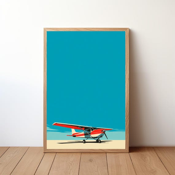 Minimalist Cessna Plane Poster Modern Aviation Wall Art Small Aircraft In Sky Print Simple Pilot Decor Clean Flight Illustration Avi46
