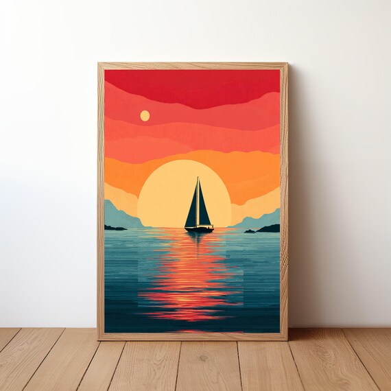 Sailboat Sailing Into Giant Yellow Sun Red Orange Sky Retro Ocean Art Poster