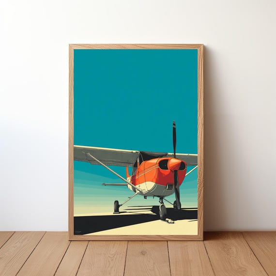 Minimalist Cessna Plane Poster Modern Aviation Wall Art Small Aircraft In Sky Print Simple Pilot Decor Clean Flight Illustration Avi44