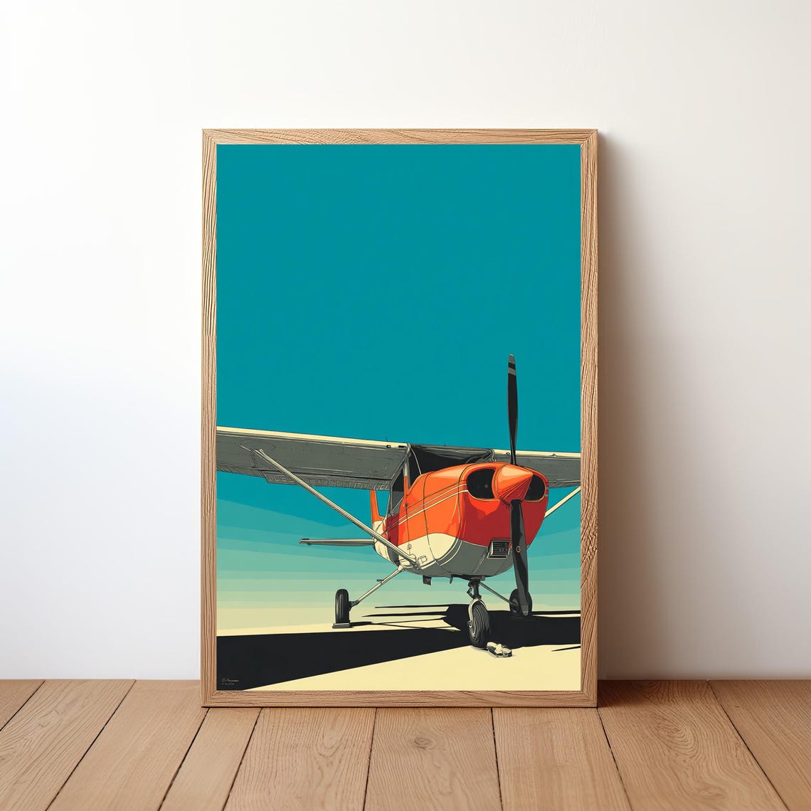 Retro Orange Propeller Plane Teal Sky Vintage Aviation Poster