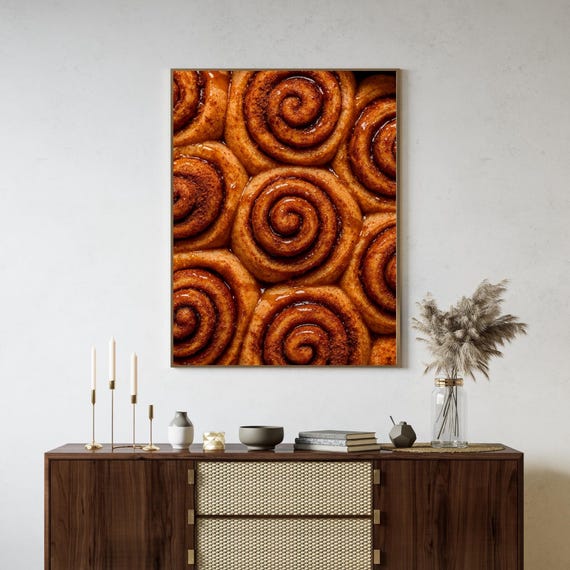 Cinnamon Roll Wall Art Print Cozy Bakery Kitchen Decor Sweet Pastry Fall Coffee Shop Rustic Food Photography