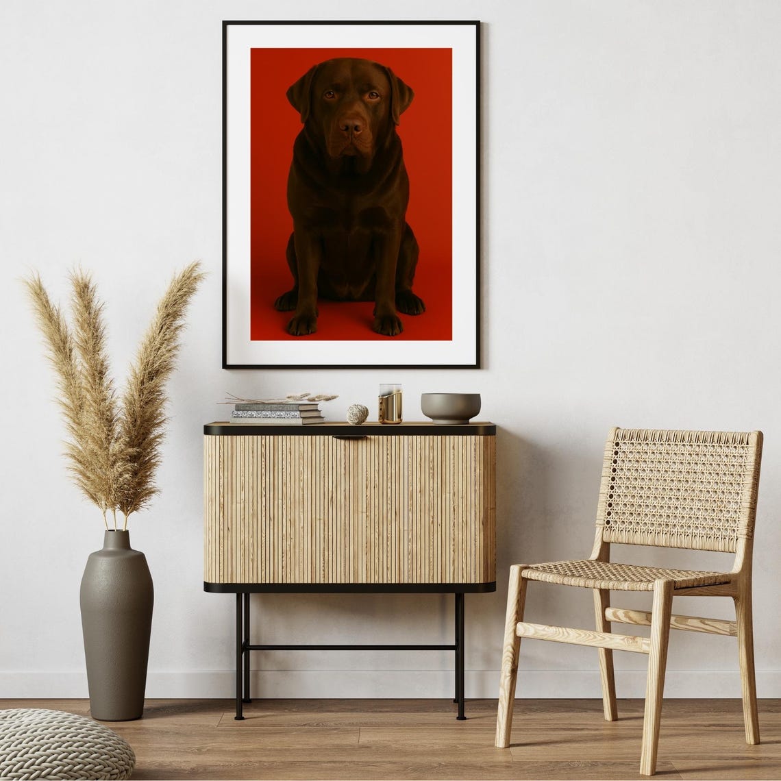 Chocolate Labrador Retriever Bold Red Studio Portrait Dog Poster