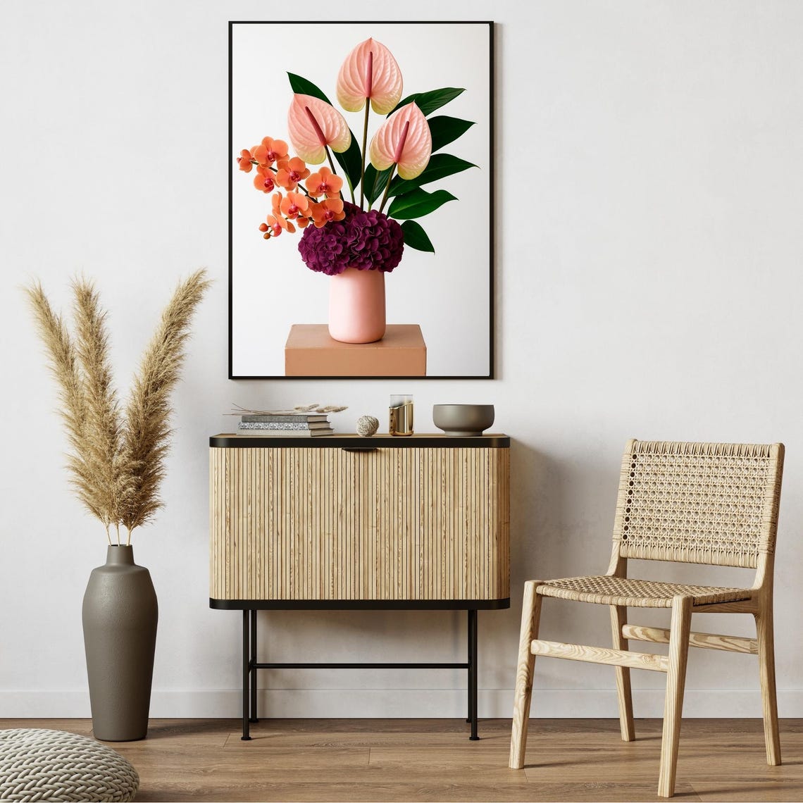 Coral Orchids Pink Anthuriums Hydrangea Minimalist Floral Wall Art
