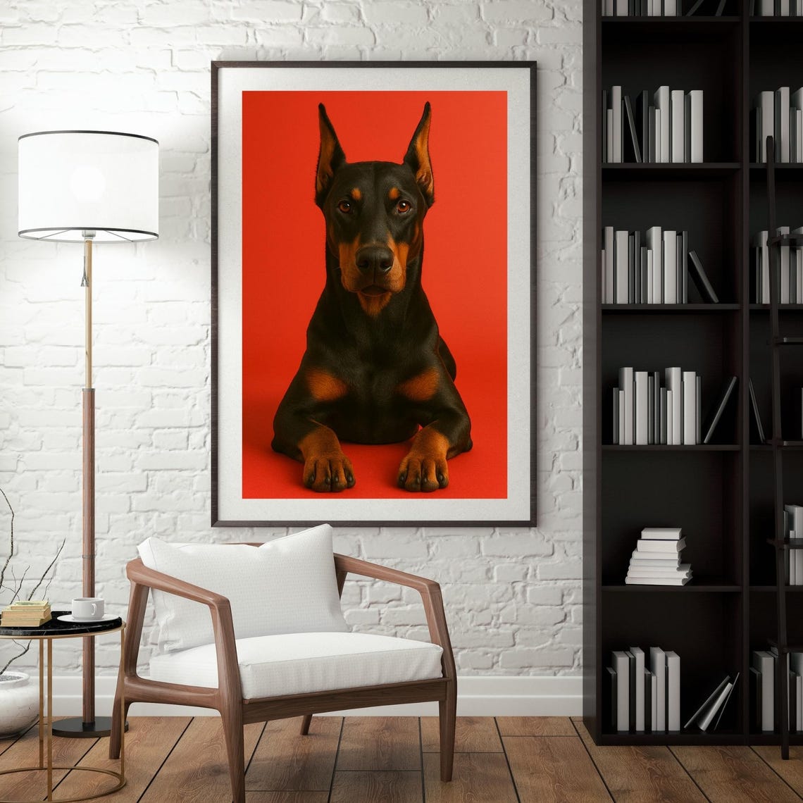 Doberman Portrait Red Background Bold Breed Pet Photography Poster