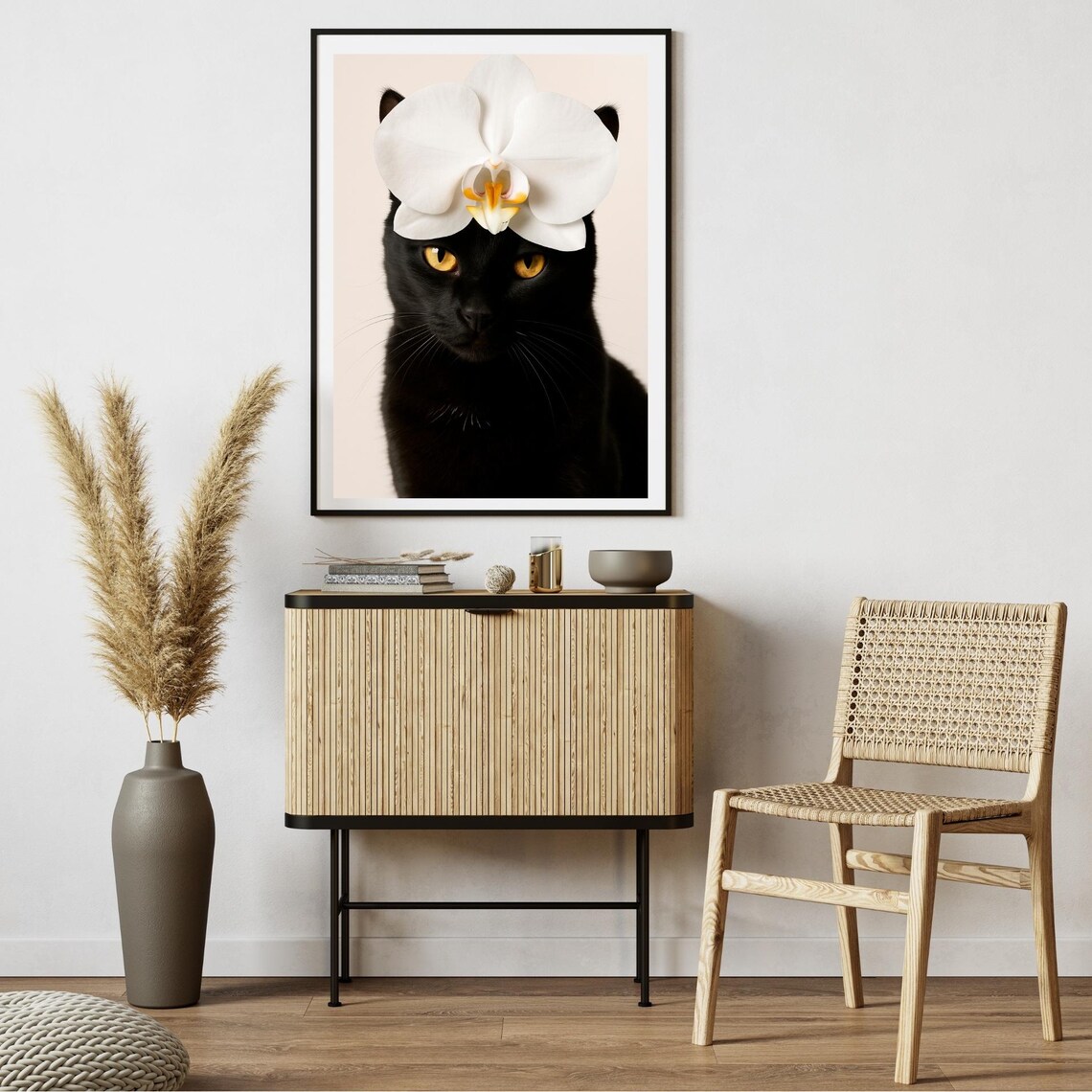 Black Cat with White Orchid Flower Elegant Pet Portrait Poster