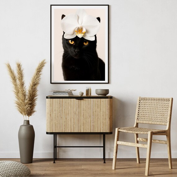 Black Cat with White Orchid Flower Elegant Pet Portrait Poster