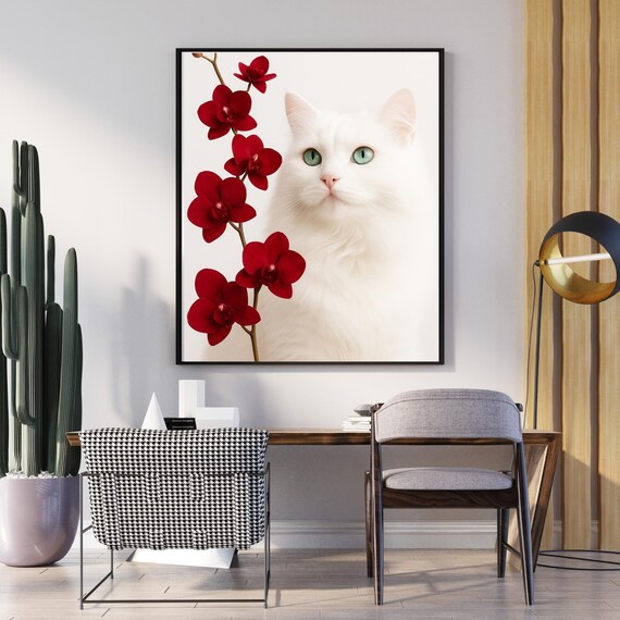 Elegant White Cat with Green Eyes and Red Orchid Branch Poster