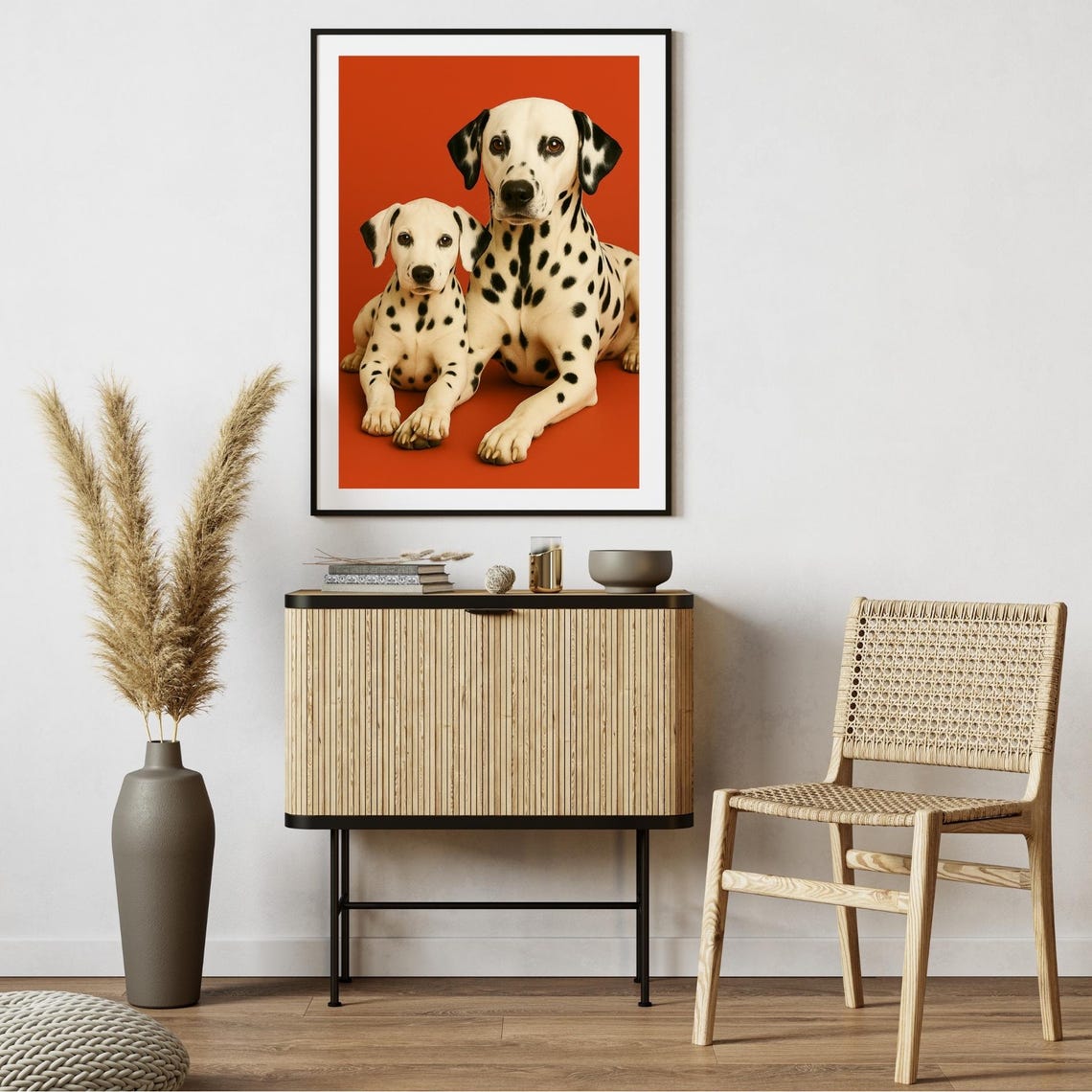 Dalmatian Parent and Puppy Bold Red Studio Portrait Dog Art Poster
