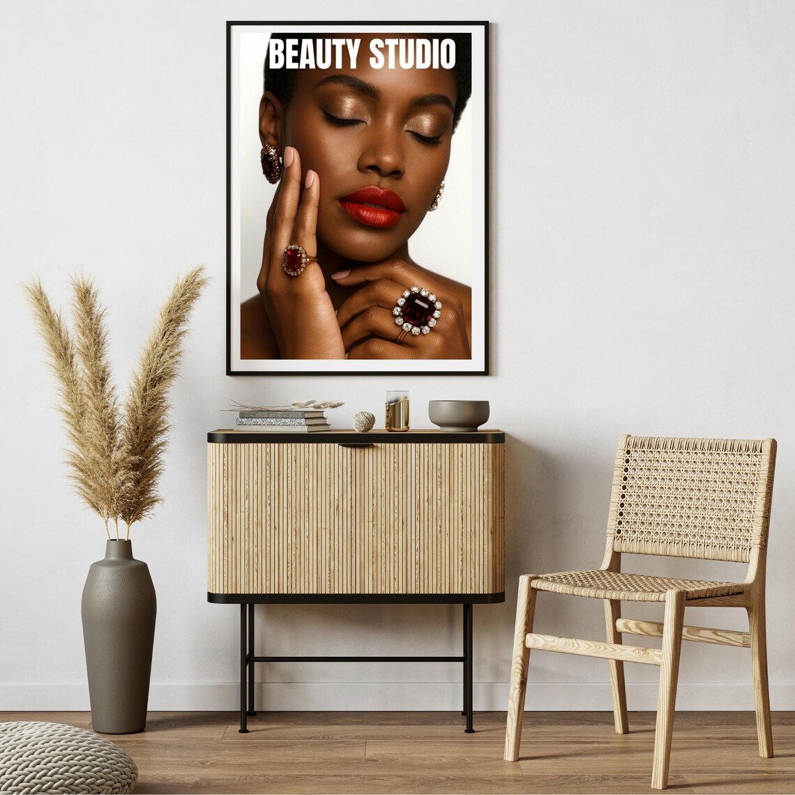 Beauty Studio Bold Red Lips Jewelry Glamour Portrait Decor Poster