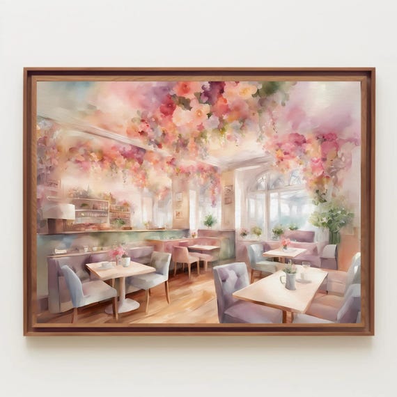 Whimsical Flower Coffeehouse Watercolor Painting Print Cafe Spring Art Coffee