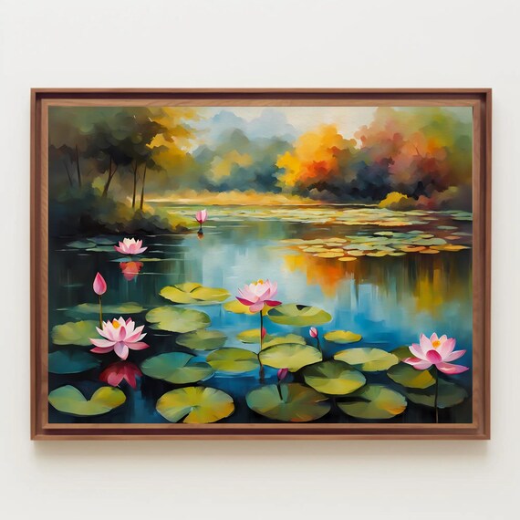 Water Lily Pond Impressionist Painting Pink Lotus Flowers Poster