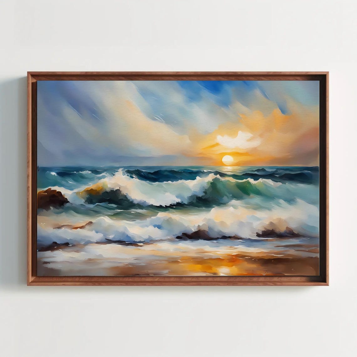 Dramatic Ocean Waves Crashing Golden Sunset Seascape Painting Poster