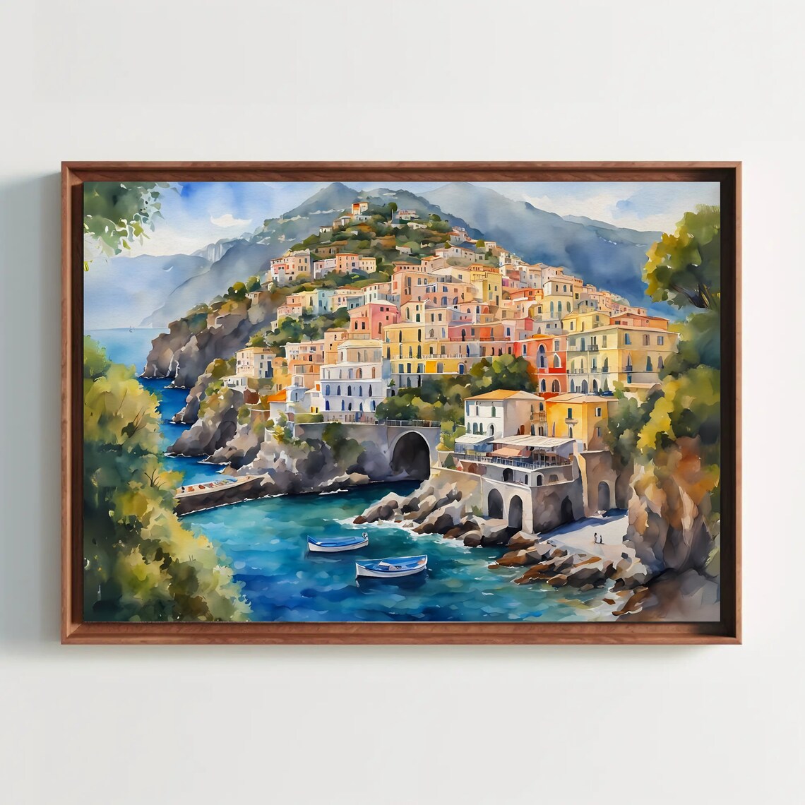 Colorful Italian Coastal Town on Rocky Cliffs Watercolor Art Poster