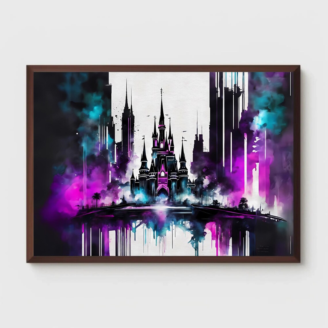 Abstract Watercolor Fantasy Castle Purple Teal Modern Art Poster