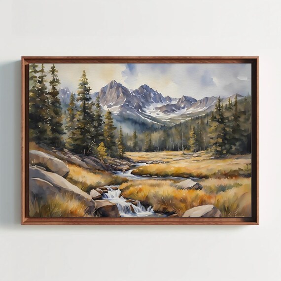 Rocky Mountain Alpine Meadow Stream Snowy Peaks Watercolor Print