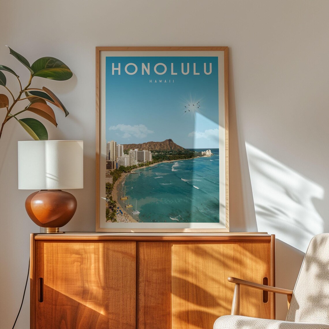 Honolulu Skyline Vintage Travel Poster, Hawaii