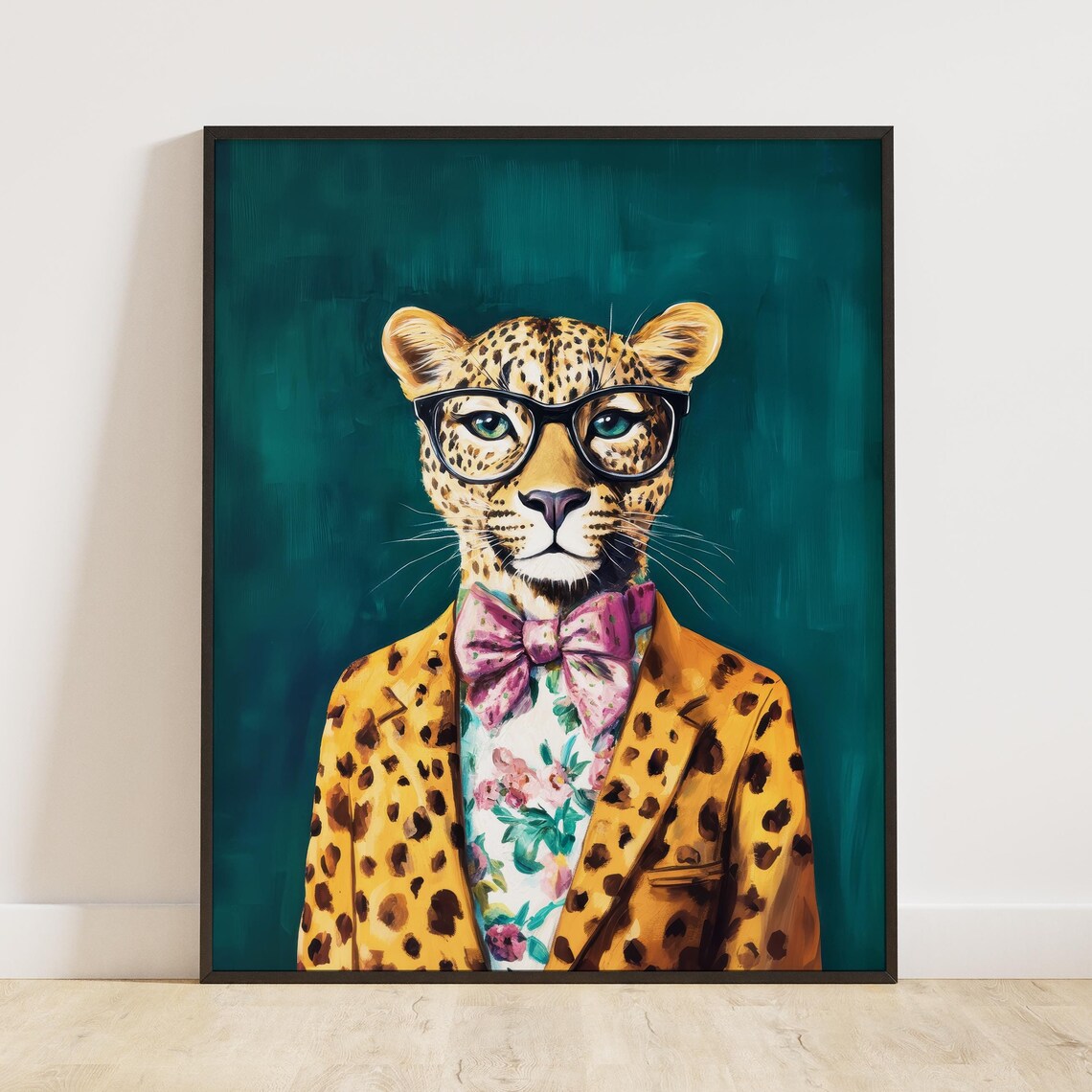Preppy Leopard Wearing Glasses and Pink Bow Tie Funny Animal Poster