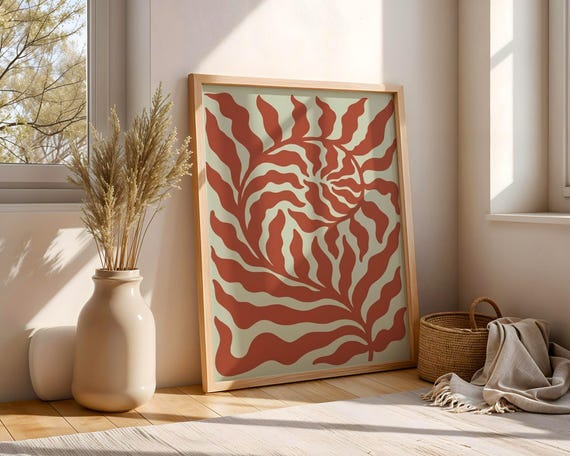 Minimalist Leaf Swirl Art Print Boho Terracotta Orange Poster Modern Organic Botanical Wall Decor Chic Sage Green Apartment Gift Idea